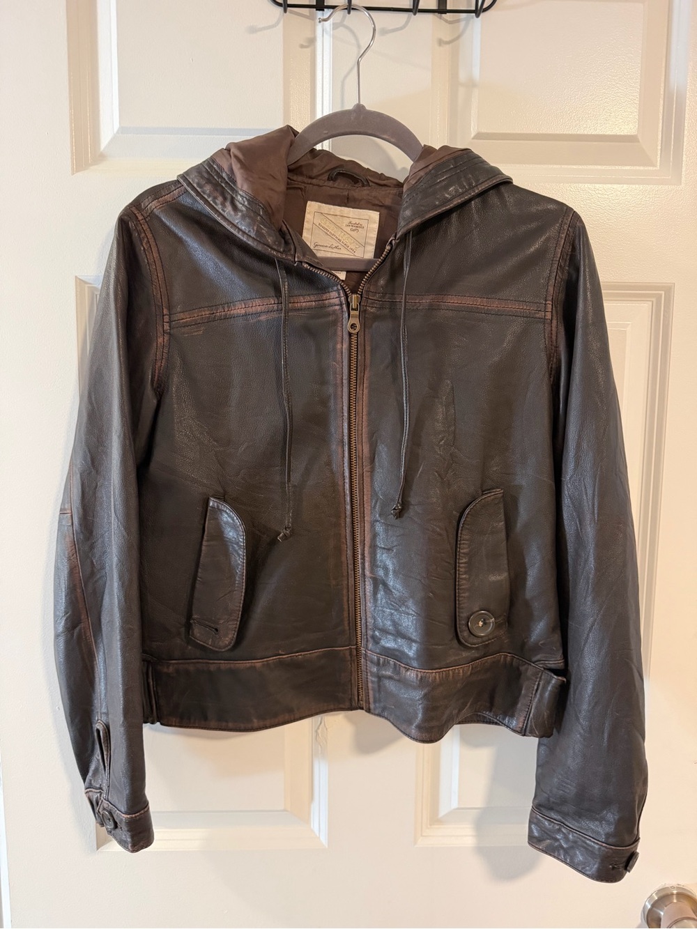 Old Navy Brown Leather Hooded Zip-Up Jacket